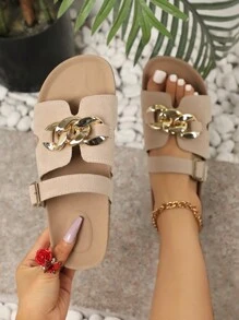 Plus Size Women's New Fashionable Versatile Beige Retro Chain Decor Flat Slip-On Comfortable Sandals