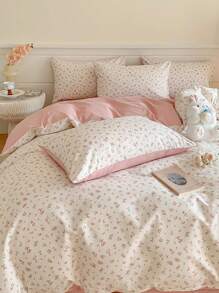 3pcs 100% Cotton Ditsy Floral Pink Rose Bedding Set, 2 Pillowcases + 1 Duvet Cover