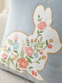 1pc Easter Smog Blue Velvet Floral Rabbit Embroidered Decorative Pillow Cover, Suitable For Indoor Decor, Easter Decorative Pillow Cover, Pillow Insert Not Included - Dusty Blue - View 3