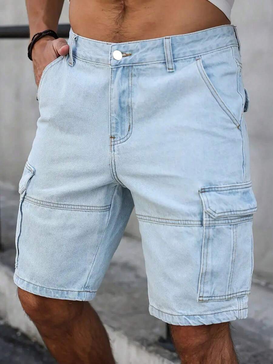 男士休闲前扣口袋简约时尚工装牛仔短裤、工装裤