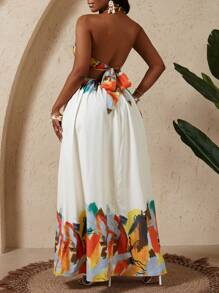 Women's Tie-Dye Print Backless Halter Dress, High Split Dress Bea Chwear Vacation Outfits Woman, Beach Outfits For Woman, Tropical Vacation Woman Clothes, Sundresses For Vacation