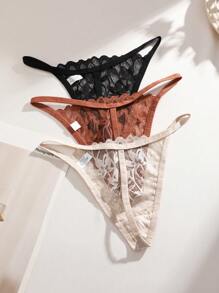 3pcs/Set Solid Color Lace Trim Low Waist Sexy Romantic Summer Ladies Thong Panties