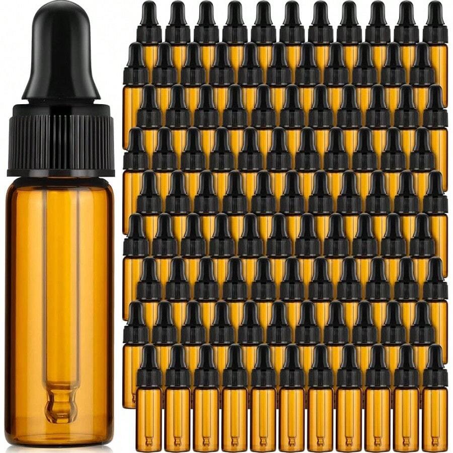 100 One Glass Drip Bottle Mini Essential Oil Drip Bottle Empty Sample Vials With Black Cap Small Storage Tank With Drops Perfume Cosmetic Liquid Aromatherapy Laboratory (Transparent, 5 Ml)