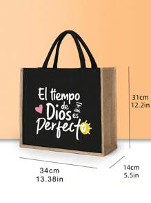 1个大容量黑色亚麻手提袋，印有彩色“El-Tiempo”字母图案，可作为结婚纪念日和朋友生日的个性化礼物，时尚女士帆布手提包，厚实的亚麻材质，适合购物、海滩必备、夏季女士包，也适合旅行、度假和海滩活动。 - 黑色 - 查看 9