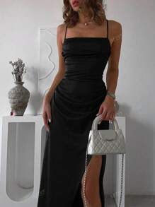 Vestido de fiesta de noche con escote cruzado plisado, abertura lateral plisada, unicolor, sexy para el Día de San Valentín, Rojo