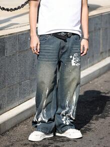 Calça Denim casual solta com bolsos com remendo de Chamas da HEHCN, Streetwear retrô baggy azul estilo Y2K