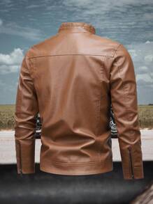1pc Khaki Men Outdoor Motorcycle Chest Zipper Stand Collar PU Leather Jacket, Spring/Summer Biker Leather Coat,Fleece - Yellow - View 3