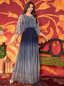 女士圆领水钻饰边泡泡渐变下摆优雅收腰长袖连衣裙，适合派对、婚礼宾客、正式场合、晚宴、春假等场合。 - 彩色 - 查看 5