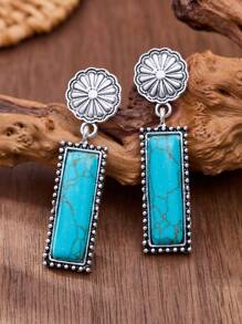 MONLOTTI 1 Pair Vintage Western Country Retro Style Turquoise Geometric Rectangle Patchwork Earrings, Bohemian Jewelry For Women, Suitable For Daily Wear, Festivals, Parties/Jewelry Gift