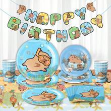 طقم أدوات المائدة لحفلة عيد ميلاد الكابيبارا، طقم إمدادات الحفلة من الورق، الأطباق، المناديل، الأكواب، وبياضات المائدة يكفي ل- 10 ضيوف، ديكورات حفلة عيد الميلاد بموضوع الرسوم المتحركة الكابيبارا