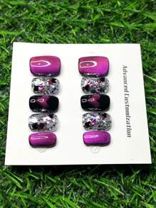 Handcrafted Wearable Armor. Press-On Fake Nails. Purple Heart Magic. Shiny. Fashionable And High-End. Advanced Cat-Eye Effect. Girls Can Reuse Them. - Hot Pink - View 7