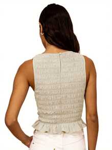 Women's Solid Color Tank Tops, Fashion Sleeveless Round Neck Ruffle Hem Smocked Tops - Apricot - View 8