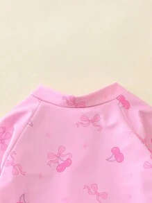 Rash Guard Swimsuits With Hat 2 Pcs Set Bow Pattern Zip Up Long Sleeve Crew Neck Baby Girls Swimwears - 紫色 - 查看 8