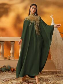 AmazingHoney Elegant Green Loose-Fit Kaftan Dress With Gold Sequin Embellishments, Party Modest Abaya, Formal Muslim Dress, Evening Gown,Abaya Dress (Loose Fit– Please Check Size Chart)