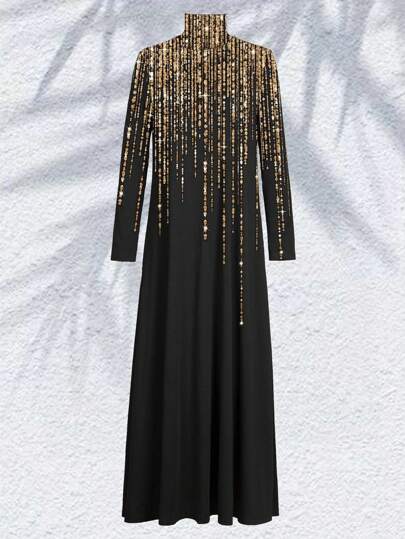 Women's High Neck Dress Long Sleeve Loose Floor Length Ramadhan Abaya,Modest