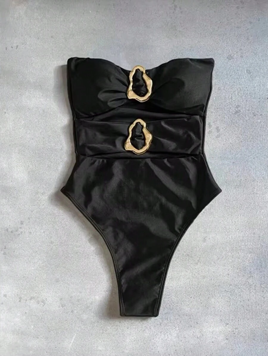 New Sexy Hollow-Out Black One-Piece Swimsuit For Women, Elegant European & American Style, Suitable For Valentine's Day, Beach, Holiday Party, Date - Black - View 1