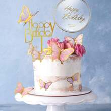50 Pieces Butterfly Cake Decorations With Happy Birthday Acrylic Cake Toppers For Shower Wedding Birthday Party Decor (Purple & Pink)