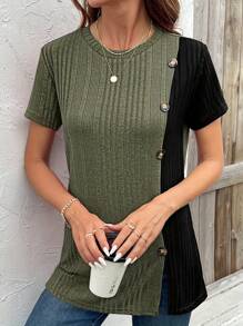 Women's Fashion Patchwork Button & Ribbed Short Sleeve T-Shirt, Summer Casual Vacation - Army Green - View 4