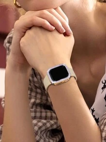 兼容 38mm、40mm、41mm、42mm、44mm、45mm、46mm 和 49mm 的 表带和表壳。采用柔软、运动休闲的硅胶表带，搭配双排镶钻、防震防刮的硬质 PC 穿孔保护壳。兼容 Ultra/11/10/9/8/7/6/5/4/3/SE 女士时尚表带和表壳。佩戴舒适，触控灵敏！ - 奶茶色錶帶+玫瑰金錶殼 - 查看 2