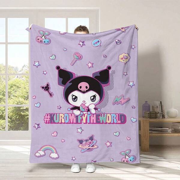 Sanrio 1pc Genuine Kuromi Print Square Plush Blanket Y2K With Soft & Warm Texture, All Seasons , Suitable For Living Room Sofa, Lounge Chair, Bedroom Bedding. Perfect For Travel, Camping Or As A Valentine's Day Or Birthday Gift , Suitable For Home Decoration Hello Kitty