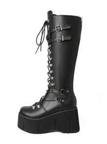 Women Gothic Punk Knee High Boots Wedges High Heel Platform Halloween Motorcycle Shoes Luxury Long Booties - 黑色 - 查看 6