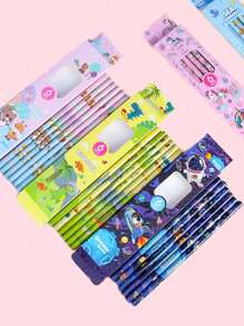 1 Set de 6 lápices en estuche con diseño de caja con dibujos animados, kit de papelería escolar