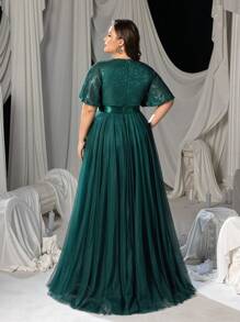 Faeriesty Curve Plus Women Elegant 's Deep V-Neck Chiffon A-Line Evening Dress With Flutter Sleeves – Formal Banquet Gown, Wedding Photography, Red Carpet Event, Bridal Portrait, Beachside Celebration AttireSummer Holiday Outfits - Dark Green - View 3