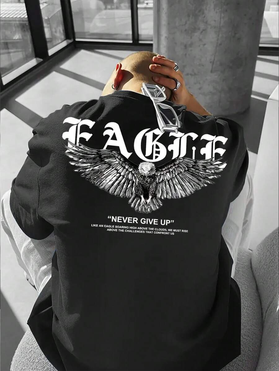 Plus Size Men Street-Style Round Neck T-Shirt, Simple Casual Everyday Wear - Black - View 1