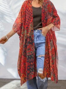 Cubierta de talla grande con estampado floral todo sobre, kimono de frente abierto para mujer, atuendo de playa de vacaciones, para verano