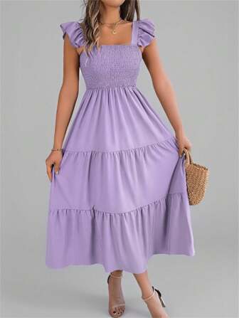 Summer New Solid Color Square Collar Backless Casual Ruffle Edge Slip Dress, Cake Purple