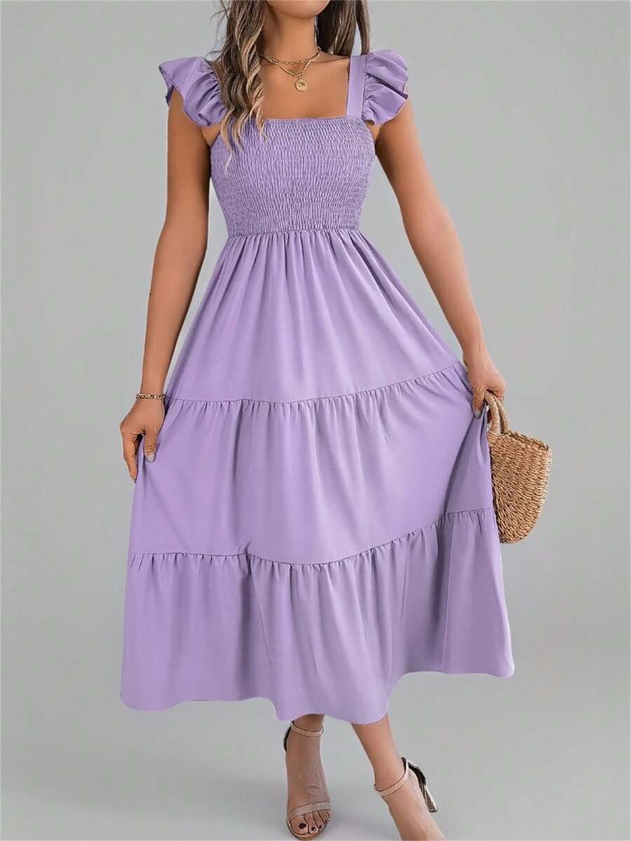 Summer New Solid Color Square Collar Backless Casual Ruffle Edge Slip Dress, Cake Purple - Mauve Purple - View 1