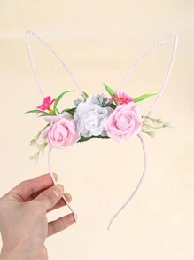 1pc Happy Easter Cosplay Plush Bunny Ear With Flower Headband,Cute Rabbit Headband,Party Costume Headdress Decor,Party Supplies,Photo Props.
