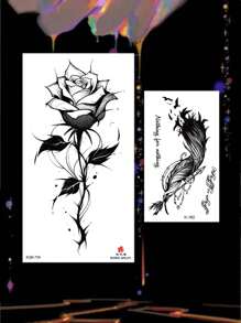 2pcs Feather & Rose Temporary Tattoo Sticker, Floral Printed Waterproof Fake Temporary Tattoos For Women, Suitable For Arm, Thigh, Foot Body Art Tattoo Decal, Reusable For Men And Women, Waterproof And Sweat-Proof