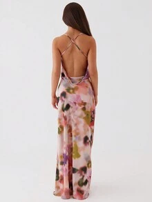 Sexy Backless Draped Neck Floral Print Dress, Sleeveless Fashion Vacation Beach Sundress - Pink - View 2