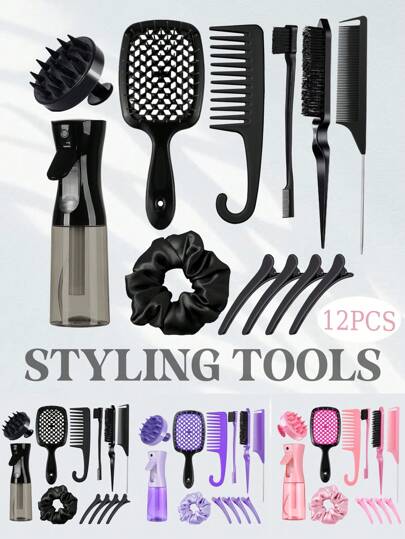 12件套美发梳套装，含200毫升透明喷雾瓶、3把儿童专用后梳、柔软头皮按摩器、干湿两用卷发梳、宽齿梳、发刷、梳子、美发工具、美发产品及配件，适用于理发店、美容院、返校季、旅行度假等场合。套装包含：发饰刷、发刷、解结梳、美发工具、美发用品、护发用品、卷发梳、理发师、美发设备、发型、美发、发刷、后梳、造型刷、卷发梳、边缘梳、发梳、梳发、发刷套装、梳发、卷发梳、解结梳、女士发刷、头发、旅行、美发产品、美发工具、美发用品、理发师、理发师配件、理发店、美发设备。