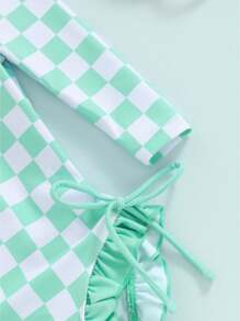 Girls Bikini Beach Swimwear Long Sleeve Checkerboard Print Ruffle Romper Bathing Suit - Verde - Ver 7