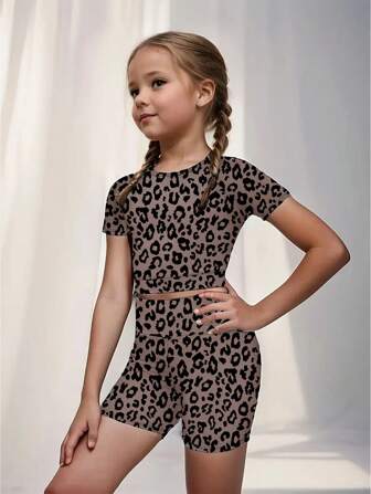 Tween Girls Leopard Print Sports 2 Pieces Set, Comfy & Casual
