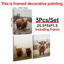 3 piezas Cartel de lona enmarcado, pintura rústica de vaca de las tierras altas, arte de pared de lona, pintura artística para regalo, dormitorio, oficina, sala de estar, cafetería, bar, decoración de pared, hogar y decoración de dormitorio - Multicolor - Ver 13
