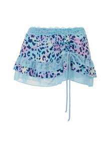 Women Y2k Lace Mini Skirts Summer Low Rise Leopard Print Lace Slip Skirt Contrast Ruffle Flowy Mesh Tiered Short Skirts Underskirt Layered Flowy Skirts - 藍色 - 查看 8