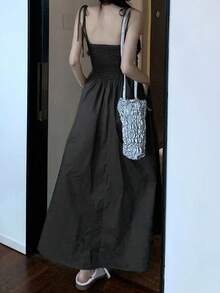 女士时尚收腰A字长连衣裙，夏季优雅 - 深灰色 - 查看 4