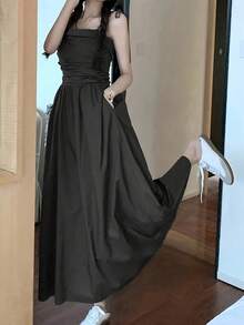 女士时尚收腰A字长连衣裙，夏季优雅 - 深灰色 - 查看 2