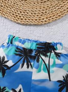 Set da 3 pezzi per neonato maschio, per vacanza: canottiera con stampa albero di cocco e lettera, pantaloncini corti e cappello, stile casual, per l'estate