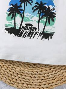 Set da 3 pezzi per neonato maschio, per vacanza: canottiera con stampa albero di cocco e lettera, pantaloncini corti e cappello, stile casual, per l'estate