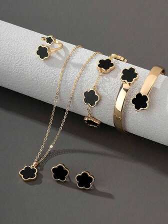 6 Pieces Five-Leaf Grass Jewelry Set Ladies Elegant Retro Style Drop Oil Lucky Flower Necklace Bracelet Bracelet Earrings Jewelry Valentine's Day Gift, Mom, Mother, Mother's Day, Gift