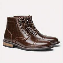 Men's Vintage-Inspired Ankle Boots In Red Brown - Casual Lace-Up With Rubber Sole, Faux Leather For All Seasons - Coffee Brown - View 1