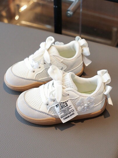 1 Pair Fashionable Casual Flower & Bow Decor Girls/Kids Sports Shoes, Comfortable For Outdoor Wear