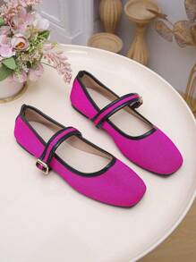 Plus Size 35-43 Retro Mary Jane Shoes, New Spring/Summer Fashion Versatile Strap Soft Bottom Flat Shoes, Comfortable & Casual Daily Wear, Square Toe Ballet Flats, Magenta