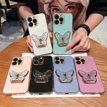 1pc Straight-Edge Textured Sliding Butterfly Bracket Phone Case Compatible With Iphone 16 Pro Max / Galaxy S24 Ultra / Edge 30 / Infinix Smart 8 / Infinix Hot 40i / Tecno Spark 20 / Tecno Spark 20C / Tecno Spark Go 2024 / Redmi Note 13 Pro+ / Honor X8