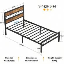 Single Metal Platform Bed Frame Rustic Vintage Wooden Headboard Heavy Duty Metal Slats Support No Box Spring Mattress Base Easy Assembly - RetroBrown-Single - View 2
