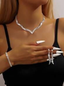 4 pièces/Set Ensemble de bijoux en alliage de zinc de luxe avec décoration de strass pour femmes, pour la décoration quotidienne, les fêtes, les banquets et les mariages